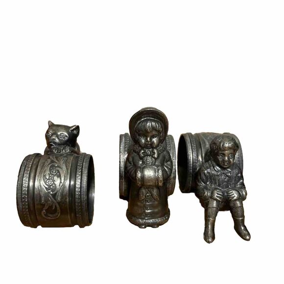 Antique Heavy Silver Victorian Napkin Rings Little Girl W/ Hand Boy Cat Lot X 3 - Picture 1 of 14